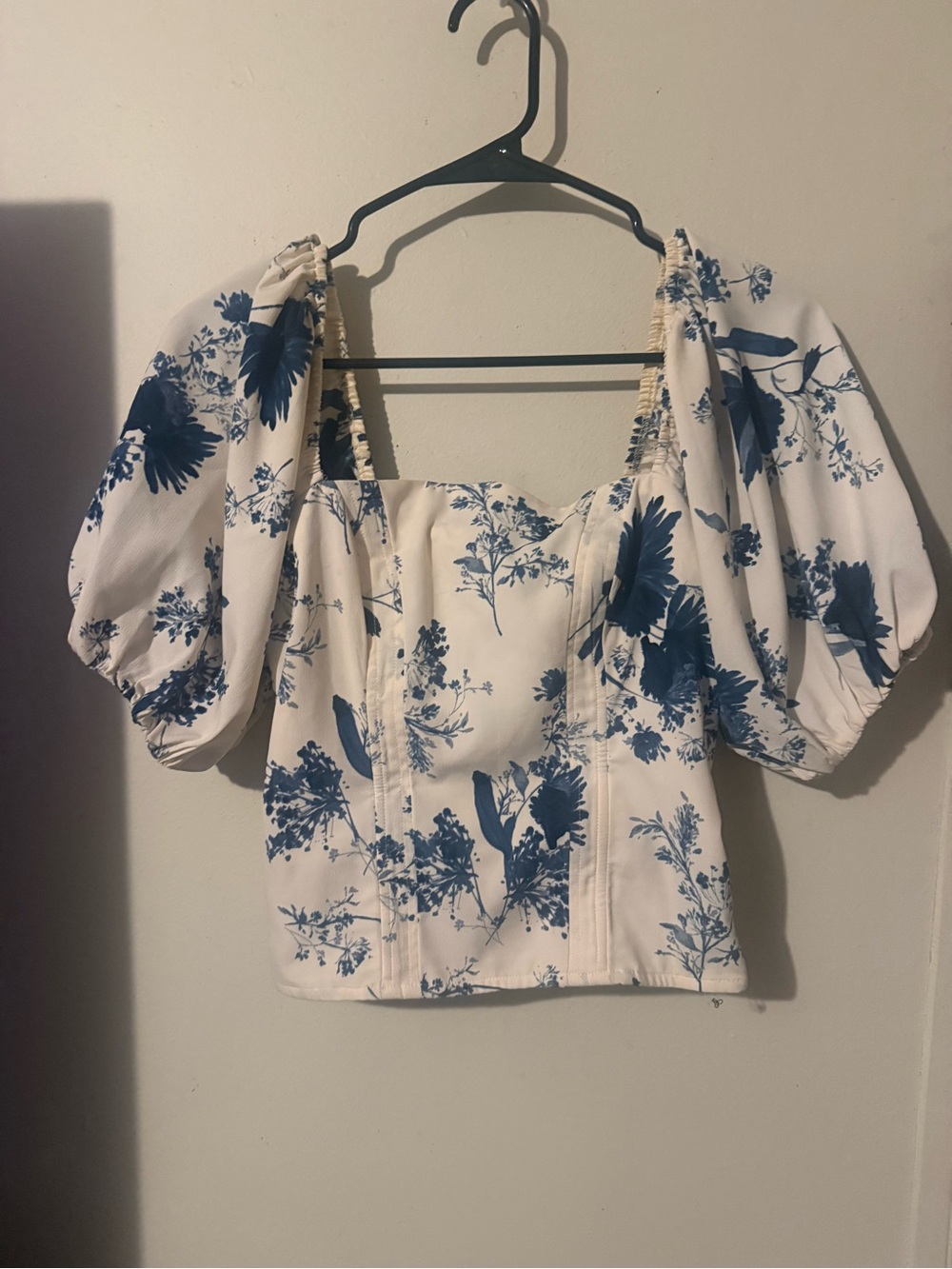 Blue Floral Puff Sleeve Square Neck Top